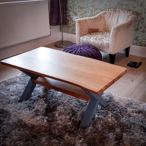 Live/Natural edge Solid Oak Farmhouse COFFEE TABLE with Hardwood Cross Legs | solidwoodcraft
